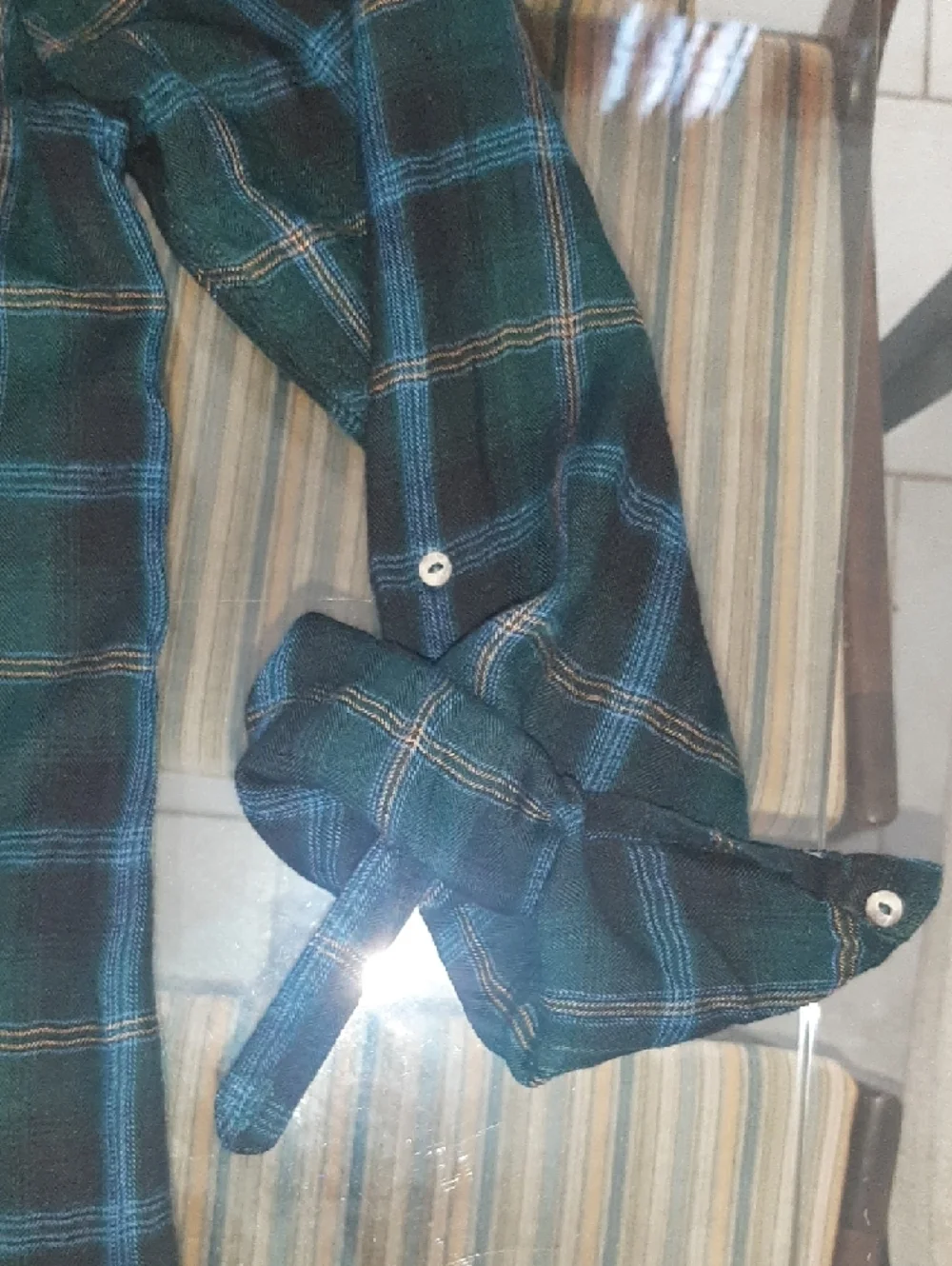 HARLOW๐Relaxed Plaid Shirt Dress in Dark Green & Navy SO SOFT, Tab Sleeves Sz L - Picture 8 of 10
